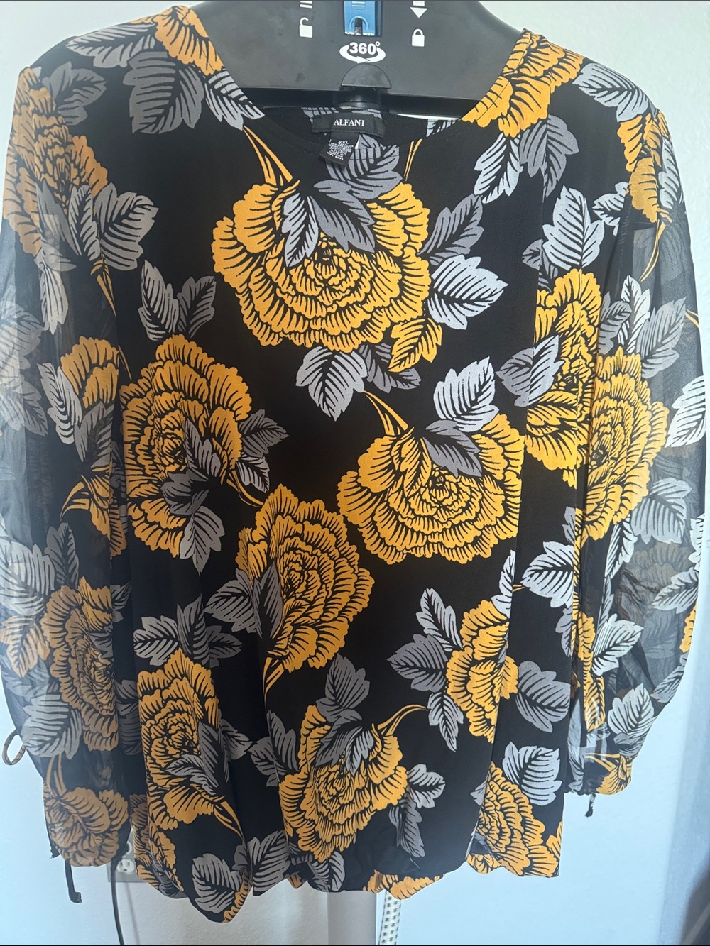 Alfani Black Blouse with Yellow & Gray Floral Design